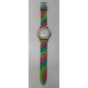 Womens Geneva‎ Quartz Analog Watch w Rhinestones and Rainbow Silicone Band
